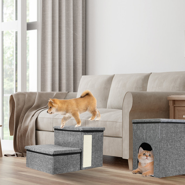 Dog Stairs for Bed and Couch 42cm H, Foldable Dog Stairs for Small Older Dogs Cats, 4 in 1 Adjustable Pet Cat Stairs Steps with Storage, Dog Ramps with Condo, Cat Scratcher, Hold Up to 180LBS