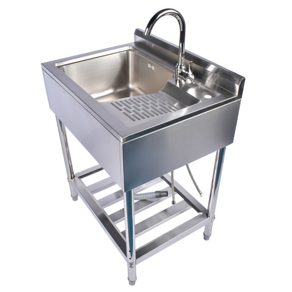 28.3in Stainless Steel Sink, Left Sink, Right Wash, Silver with Water Faucet Free Standing Laundry Sink with Washboard Silver