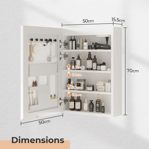 FCH White  LED Mirror Cabinet (20*28 inches), 1 Door, 4 Shelves, with Time & Temperature Display, Three-color Lighting, Adjustable Brightness, Power-off Memory Bottom Atmosphere Light