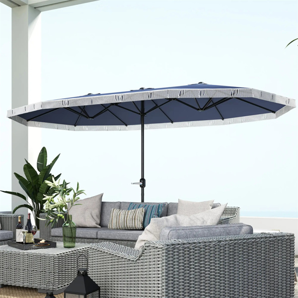 15ft  Blue Patio Umbrella UPF30+ Outdoor Umbrella with Fringe and Crank Handle