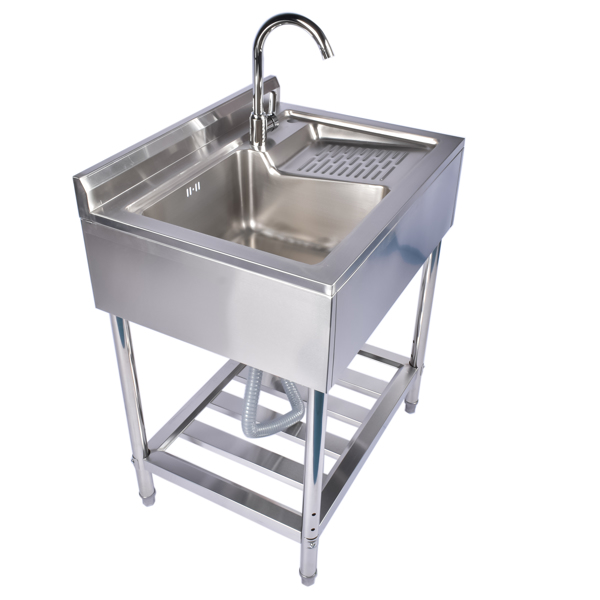 28.3in Stainless Steel Sink, Left Sink, Right Wash, Silver with Water Faucet Free Standing Laundry Sink with Washboard Silver