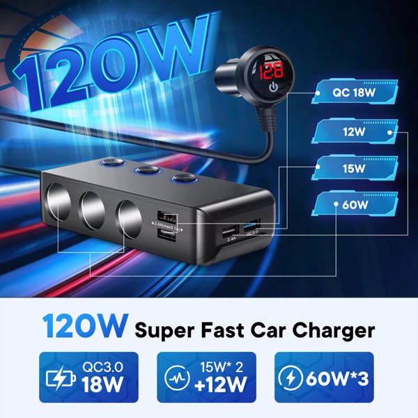 Car Charger Splitter 200W 3 Socket Cigarette Lighter Adapter with PD30W USB-C Multi USB Car Charger DC Outlet