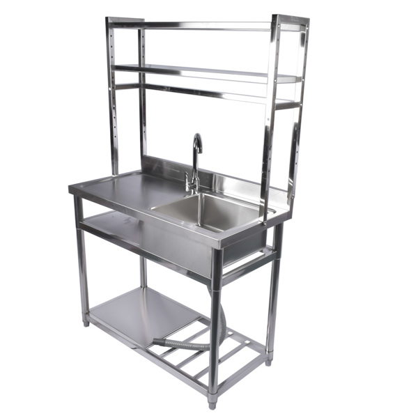 39.4in Stainless Steel Utility Right Sink, Single Bowl Sink for Kitchen, Garage, Right Sink Left Platform Commercial Sink w/ Shelves with Hot and Cold Water Faucet