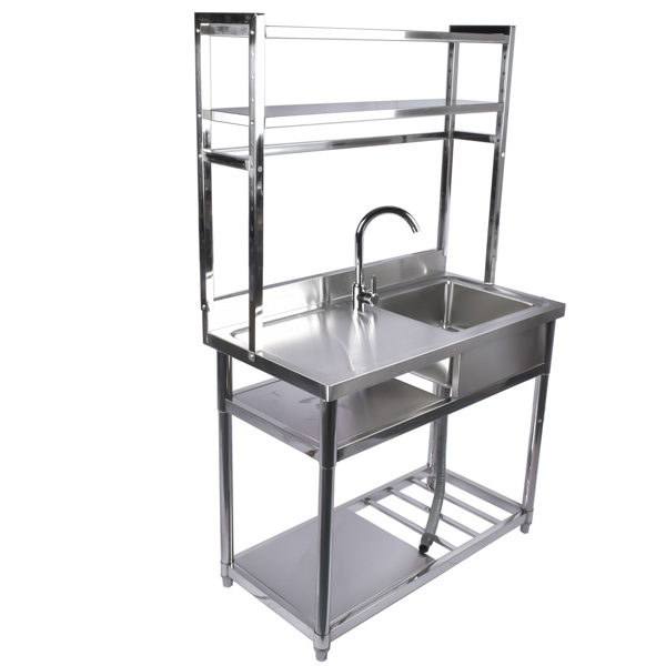 39.4in Stainless Steel Utility Right Sink, Single Bowl Sink for Kitchen, Garage, Right Sink Left Platform Commercial Sink w/ Shelves with Hot and Cold Water Faucet