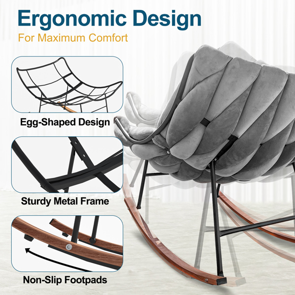 Outdoor Rocking Chair, Patio Egg Rocking Chair, Indoor Papasan Rattan Wicker Lounge Chair for Patio, Porch, Garden, Living Room, Gray