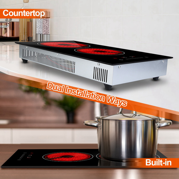 Dual Induction Burners Electric Cooktop 110V Total 1900W Electric Stove Built-in Electric Ceramic Stove with Timer Setting 9 Firepower Levels Over Heating Protection