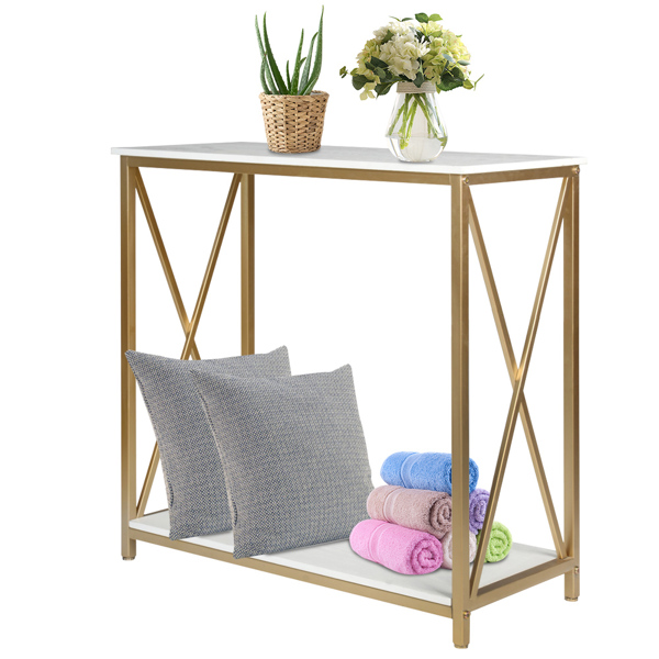 2-Tier Console Table, Gold Sofa Entry Table with White Top and Gold Metal Frame for Home
