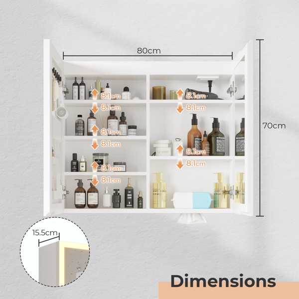 FCH White  LED Mirror Cabinet (32*28 inches), Double Doors, 7 Shelves, with Time & Temperature, Three-tone Lighting, Power-off Memory, Defogging, 