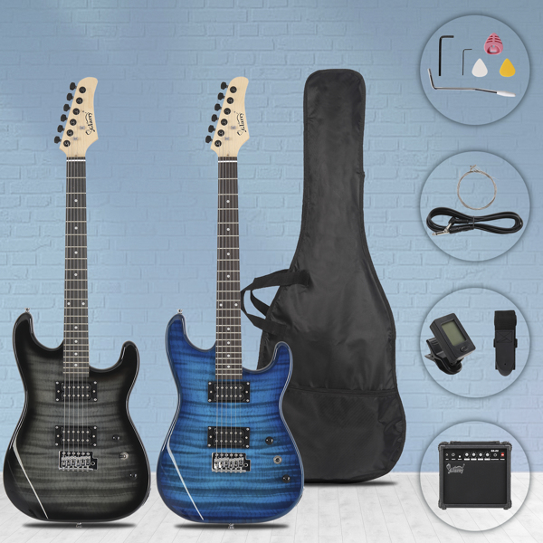 GST Stylish H-H Pickup Tiger Stripe Electric Guitar Kit with 20W AMP Bag Guitar Strap Black