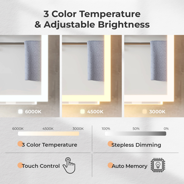 FCH White  LED Mirror Cabinet (20*28 inches), 1 Door, 4 Shelves, with Time & Temperature Display, Three-color Lighting, Adjustable Brightness, Power-off Memory Bottom Atmosphere Light