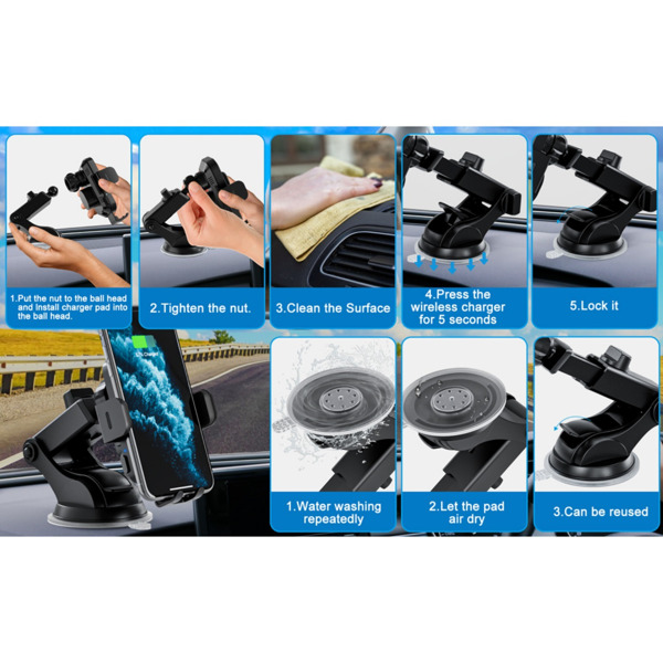 Newest Wireless Car Charger, Fast Charging Phone Holder 3 in 1 Phone Mount Auto Clamping Car Accessories