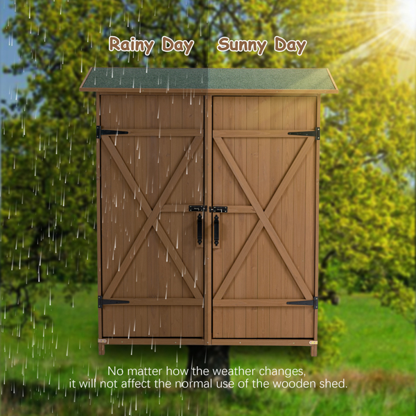 Outdoor Storage Shed with Lockable Door, Wooden Tool Storage Shed with Detachable Shelves and Pitch Roof, Brown
