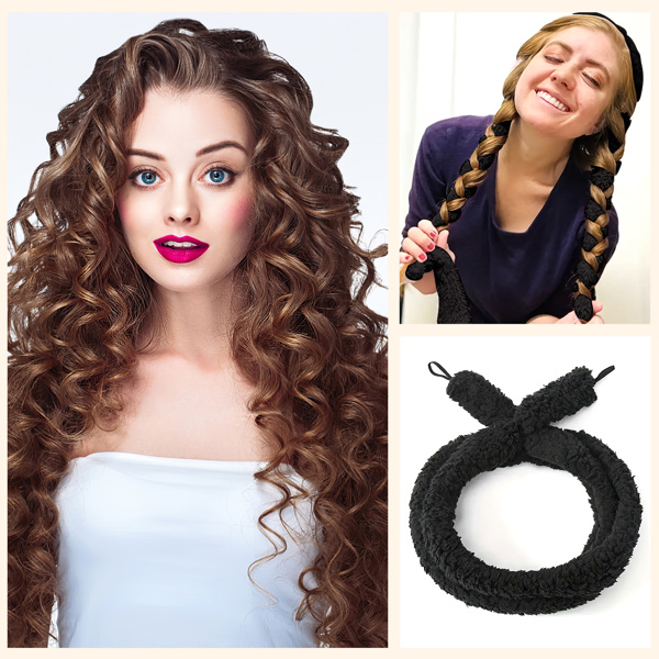 Satin heatless hair curler, Lazy Natural Soft Wave DIY heatless curls for Sleep in Overnight, for All Hair Types - Black