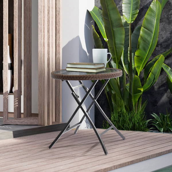 Outdoor Side Table, Round Rattan Patio Side Table, Small Foldable Wicker Table with Tempered Glass Table Top for Lawn Garden Balcony Porch Deck Pool, Brown