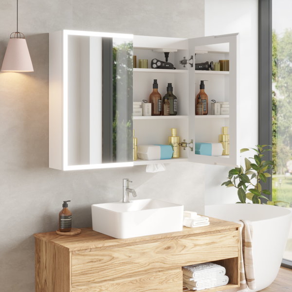 FCH White  LED Mirror Cabinet (32*28 inches), Double Doors, 7 Shelves, with Time & Temperature, Three-tone Lighting, Power-off Memory, Defogging, 