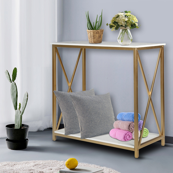 2-Tier Console Table, Gold Sofa Entry Table with White Top and Gold Metal Frame for Home