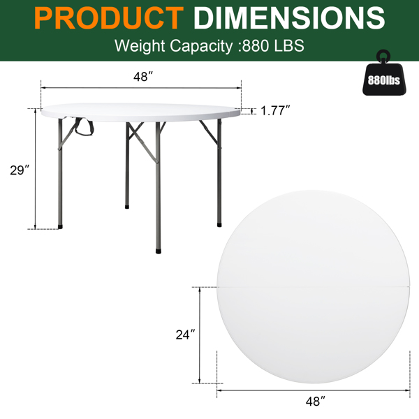 48inch Round Folding Table Outdoor Folding Utility Table White