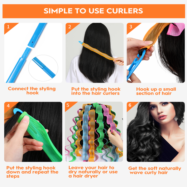 30 Pcs Heatless Hair Curlers Wave Curls Styling Kit with 2 Pcs Styling Hooks, No Heat Hair Curlers for Women Girls (6 Colors, 45 cm/17.71 inch)
