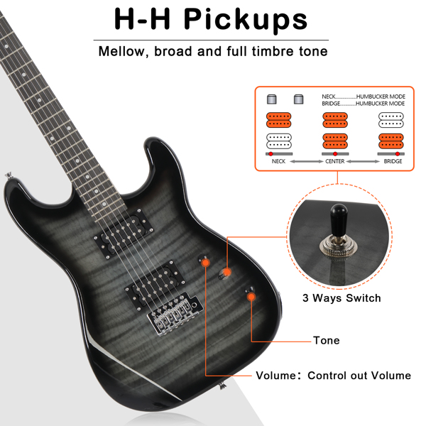 GST Stylish H-H Pickup Tiger Stripe Electric Guitar Kit with 20W AMP Bag Guitar Strap Black