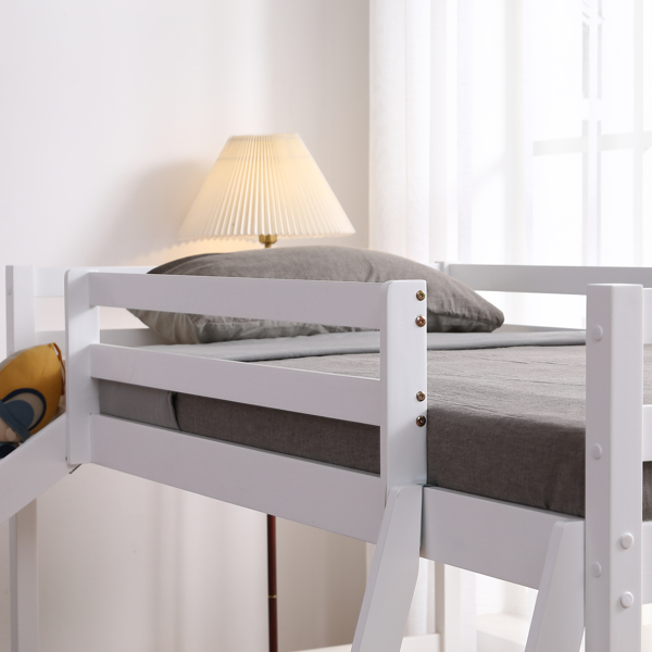 Elevated Cross Guard Rail with Slide Twin Pine Wooden Bed White
