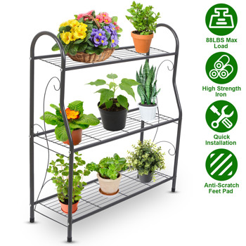 3-Tier Metal Plant Stand, Indoor Outdoor Flower Pots Holder, Plant Display Rack Shelf, Utility Storage Organizer Rack for Balcony Patio Garden Living Room Home