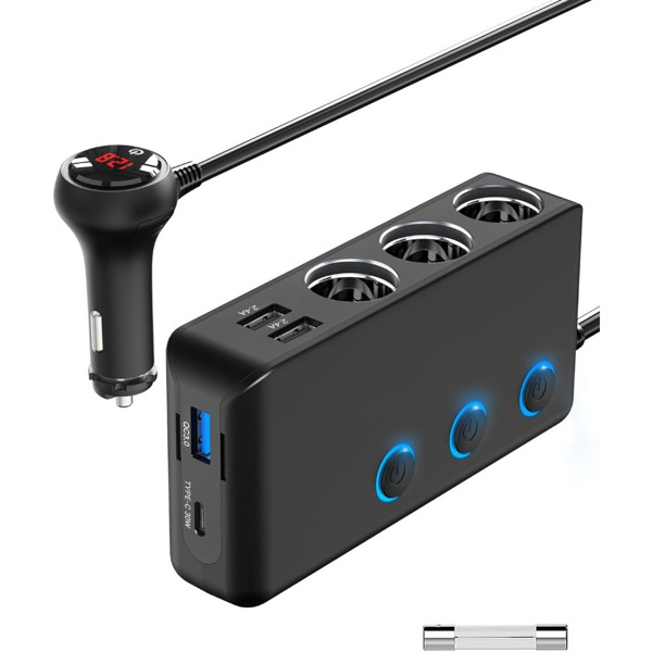 Car Charger Splitter 200W 3 Socket Cigarette Lighter Adapter with PD30W USB-C Multi USB Car Charger DC Outlet