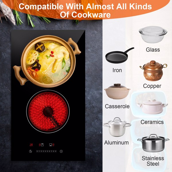Dual Induction Burners Electric Cooktop 110V Total 1900W Electric Stove Built-in Electric Ceramic Stove with Timer Setting 9 Firepower Levels Over Heating Protection