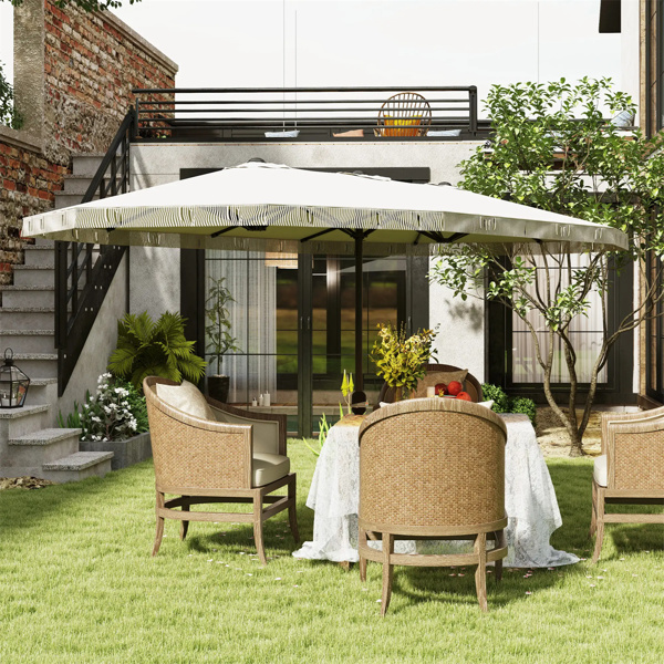 15ft Cream White  Patio Umbrella UPF30+ Outdoor Umbrella with Fringe and Crank Handle