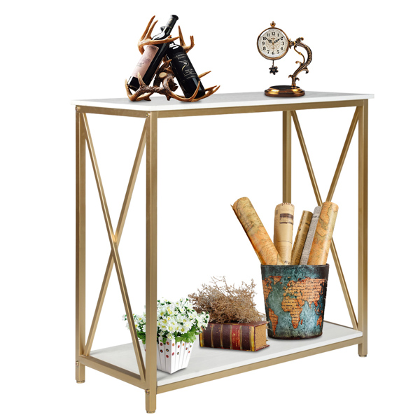 2-Tier Console Table, Gold Sofa Entry Table with White Top and Gold Metal Frame for Home