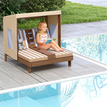 Brown  Kids Patio Lounge Chair with Cup Holders and Awning  