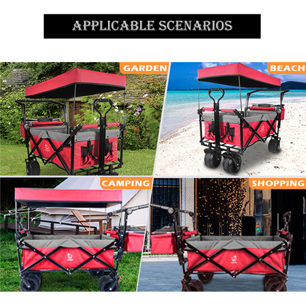 Foldable Wagon with Removable Canopy & Cooler Bag - Heavy Duty Collapsible Wagon Utility Cart with 4
