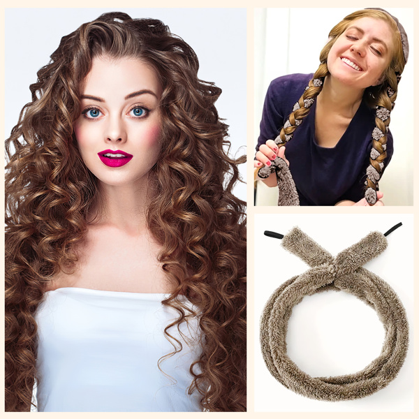 Satin heatless hair curler, Lazy Natural Soft Wave DIY heatless curls for Sleep in Overnight, for All Hair Types - Light Brown