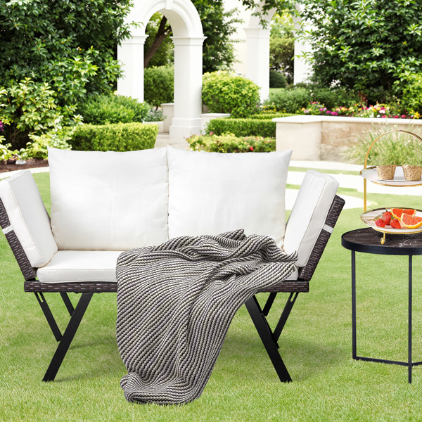 Outdoor Sofa, Woven Rattan Patio Furniture, Convertible Daybed or Double Chair with Adjustable Armrests, Cushions and Pillows for Yard Porch Pool, Gray Lounger & Beige Cushion