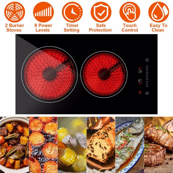 Dual Induction Burners Electric Cooktop 110V Total 1900W Electric Stove Built-in Electric Ceramic Stove with Timer Setting 9 Firepower Levels Over Heating Protection