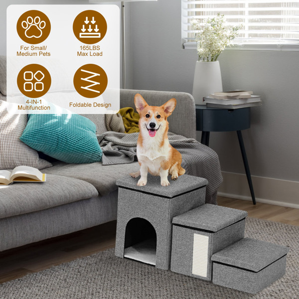 Dog Stairs for Bed and Couch 42cm H, Foldable Dog Stairs for Small Older Dogs Cats, 4 in 1 Adjustable Pet Cat Stairs Steps with Storage, Dog Ramps with Condo, Cat Scratcher, Hold Up to 180LBS