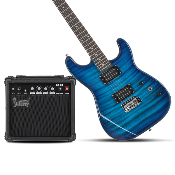 GST Stylish H-H Pickup Tiger Stripe Electric Guitar Kit with 20W AMP Bag Guitar Strap Blue