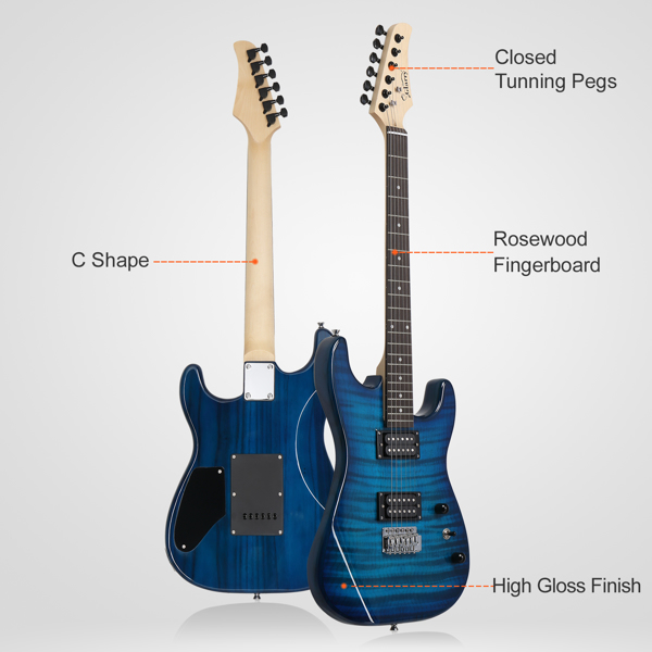 GST Stylish H-H Pickup Tiger Stripe Electric Guitar Kit with 20W AMP Bag Guitar Strap Blue