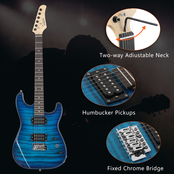 GST Stylish H-H Pickup Tiger Stripe Electric Guitar Kit with 20W AMP Bag Guitar Strap Blue
