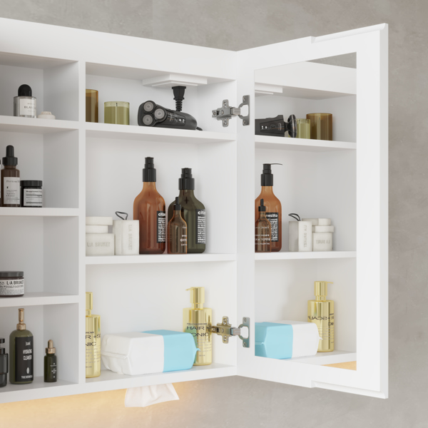 FCH White  LED Mirror Cabinet (32*28 inches), Double Doors, 7 Shelves, with Time & Temperature, Three-tone Lighting, Power-off Memory, Defogging, 