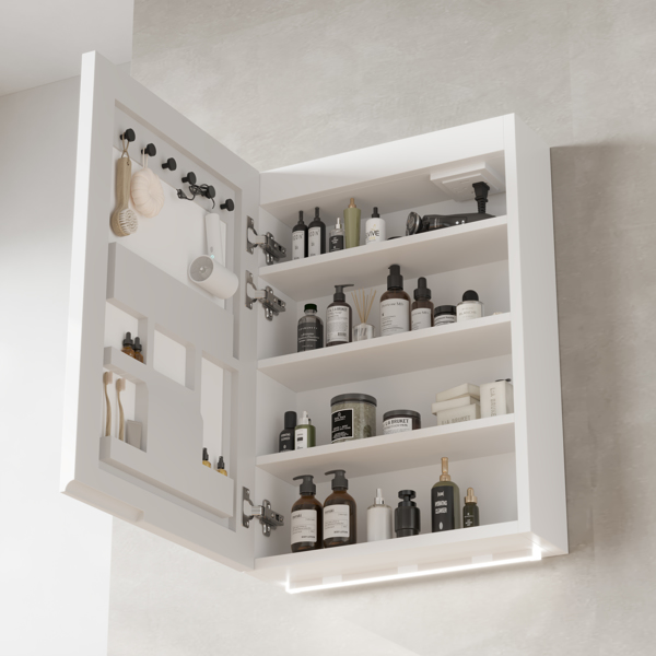FCH White  LED Mirror Cabinet (20*28 inches), 1 Door, 4 Shelves, with Time & Temperature Display, Three-color Lighting, Adjustable Brightness, Power-off Memory Bottom Atmosphere Light