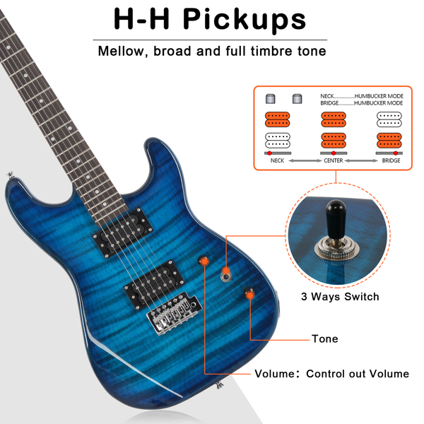 GST Stylish H-H Pickup Tiger Stripe Electric Guitar Kit with 20W AMP Bag Guitar Strap Blue