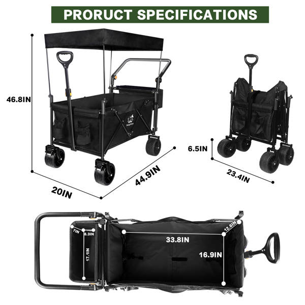 Heavy Duty Collapsible Wagon, Foldable Wagon with Removable Canopy, Foldind Wagon Cart with Wheels for All-Terrain with Brake, for Beach Camping Shopping
