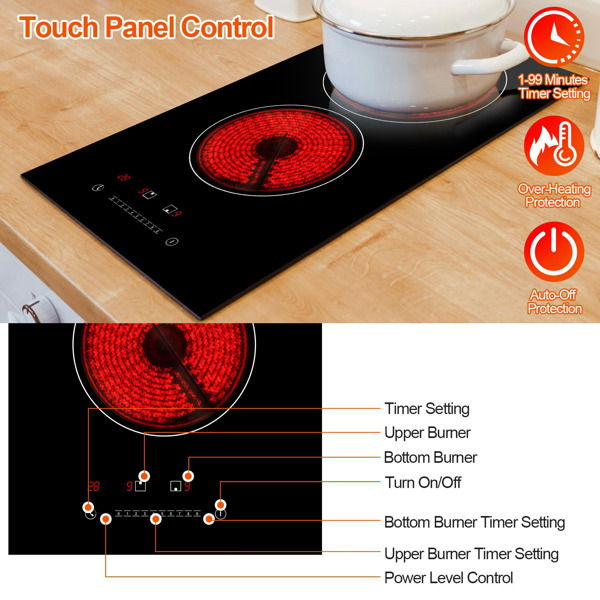 Dual Induction Burners Electric Cooktop 110V Total 1900W Electric Stove Built-in Electric Ceramic Stove with Timer Setting 9 Firepower Levels Over Heating Protection
