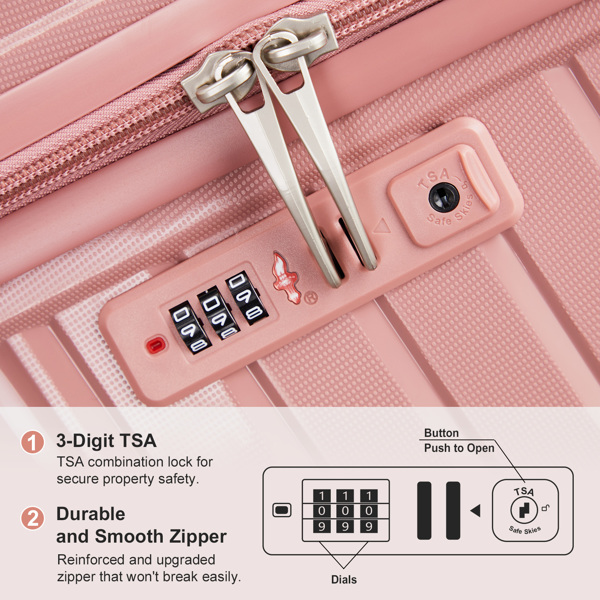 4-Piece Luggage Set with 2-Piece Handbag & 8-Piece Toiletry Kit – Rose Gold PP Suitcase + Beige Travel Accessories