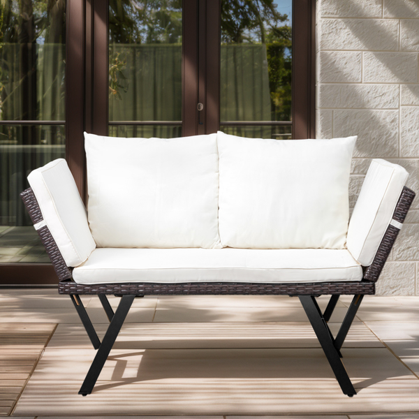 Outdoor Sofa, Woven Rattan Patio Furniture, Convertible Daybed or Double Chair with Adjustable Armrests, Cushions and Pillows for Yard Porch Pool, Gray Lounger & Beige Cushion