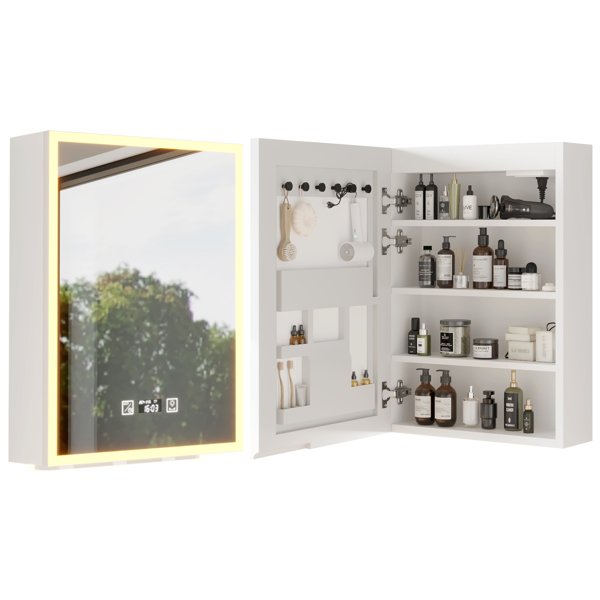 FCH White  LED Mirror Cabinet (20*28 inches), 1 Door, 4 Shelves, with Time & Temperature Display, Three-color Lighting, Adjustable Brightness, Power-off Memory Bottom Atmosphere Light