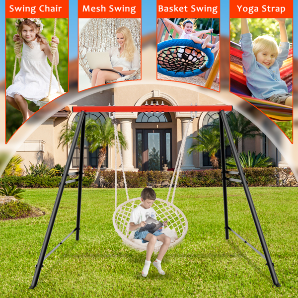 Swing Sets for Backyard, Swingset Outdoor for Kids, Toddler Porch Swing, Metal A-Frame Swing Stand for Indoor, Adult Backyard Swing Frame, Easy to Assemble, Red (without Swing)