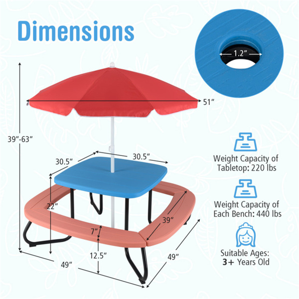  Kids Picnic Table Outdoor Activity Table With Umbrella