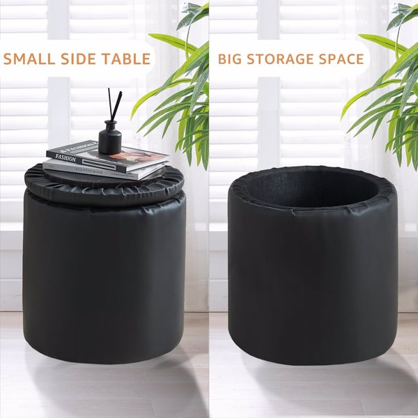 Storage Ottoman Foot Rest Round Footstool Footrest Multifunctional Coffee Table Ottoman with Tray Vanity Stool for Makeup Room Living Room Bedroom（PU Black）