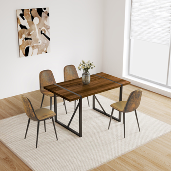 55\\" MDF Walnut Colour Dining Table and Modern Dining Chair Set of 4, Mid Century Wooden Kitchen Table Set, Metal Base & Legs, Dining Room Table and Suede Chairs 